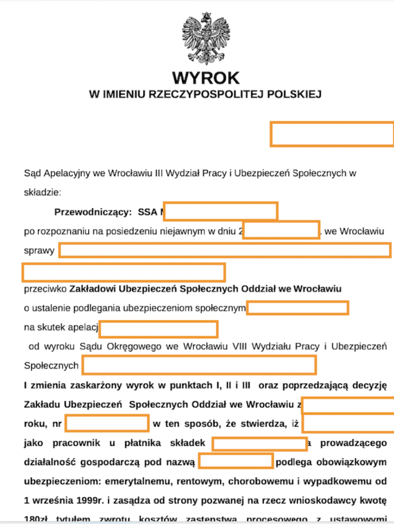 Wyrok Sądu Apelacyjnego  zmieniający zaskarżony wyrok Sądu Okręgowego oraz decyzję Zakładu Ubezpieczeń Społecznych. 